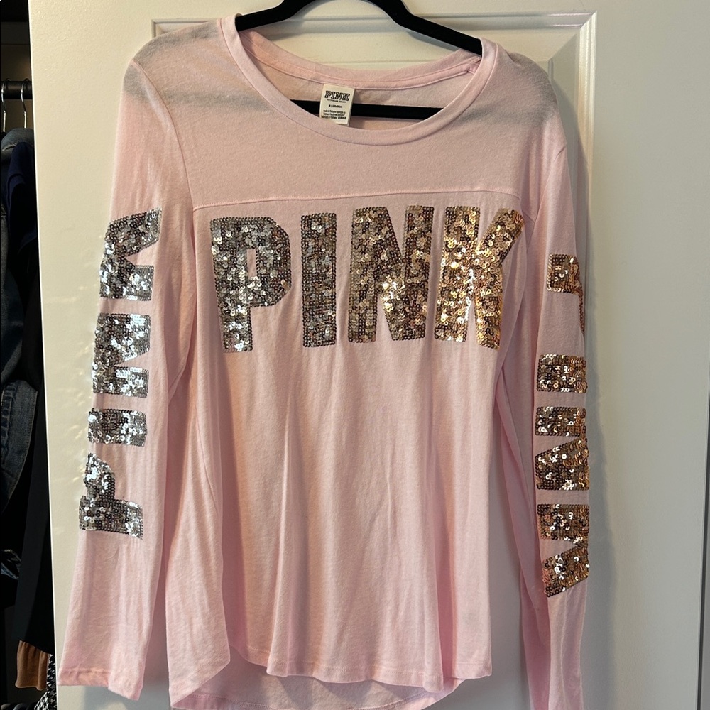 PINK Victoria's Secret Light Pink Long Sleeve Tee with Sequin Letters